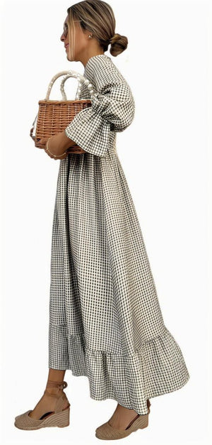 Puff-sleeve Plaid Dress New European And American Style Women's Wear